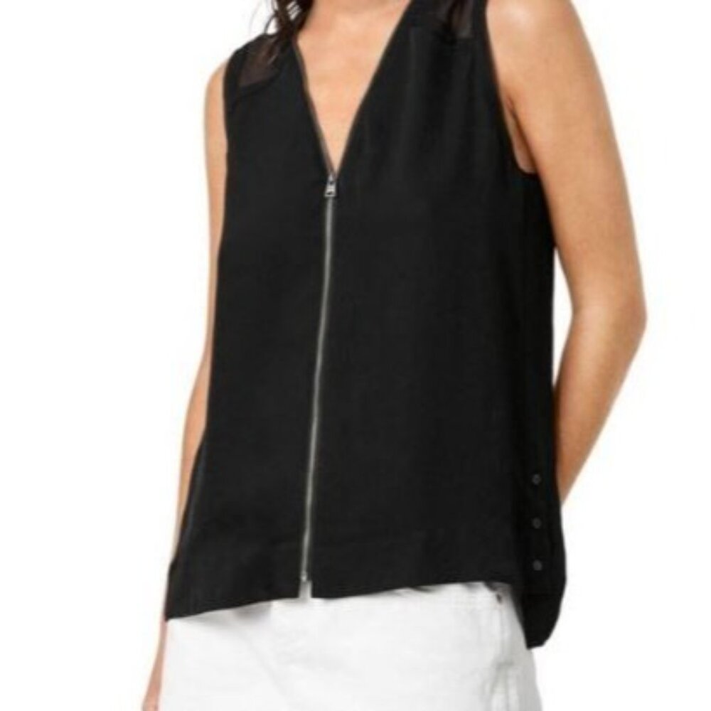 All Saints 100% Silk Black Lottie Zip Front Vest, Raw Hem, Size 6, Quiet Luxury